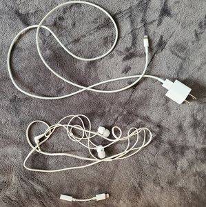 Iphone charger, Headphones, and ear plug adapter